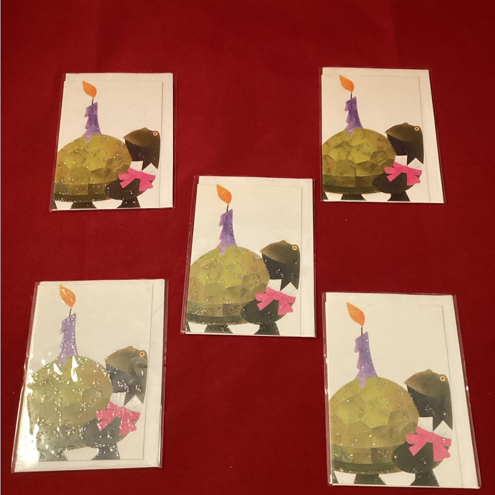 Five small birthday turtle blank greetings cards with matching envelopes